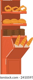 Bakery shelf with various breads including baguettes. Illustration of wooden bakery display with bread. Grocery store bread section vector illustration.