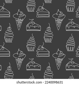 Bakery shop backdrop. Vector desserts seamless pattern. Cake, muffin, cupcake, ice cream cone line icon. Outline continuous illustration. Wallpaper, background, print, wrapping paper, package design.