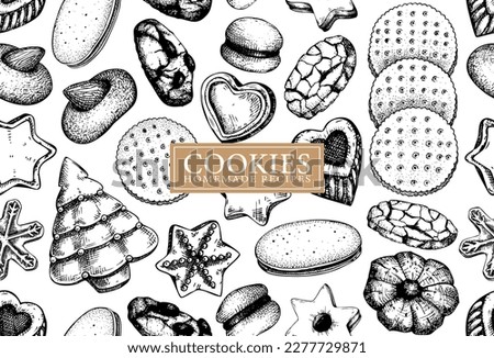 Bakery shop background design. Vector cookies seamless pattern. Italian pastry sketches. Cookies with almonds, chocolate, jam, crackers, chips hand-drawn illustrations for print, banner, and packages