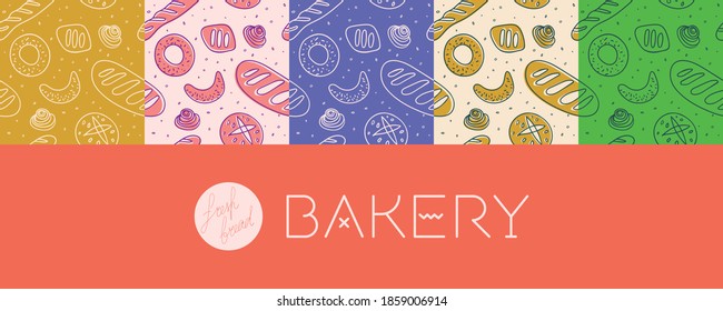 Bäckerei-Shop-Hintergrund mit handgezeichnet Vektorgrafik. Muster der Kochkurse. Mehrfarbige Bäckerei nahtloses Muster für die Gestaltung von Backwaren-Etiketten, Bakeshop-Verpackungen, kulinarischer Blog, Branding-Café.