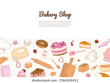 Bakery shop background. Hand-drawn bakery, cooking utensil, and copy space on a white background. Vector illustration.
