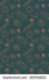 Bakery shop background with vector bread icons. Cooking courses design. Bright bakery seamless pattern for pastry label design, bread packaging, culinary blog, branding cafe. Flat backdrop.