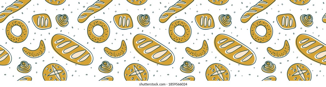 Bakery shop background with vector bread icons. Cooking courses design. Bakery seamless pattern for pastry label design, bread packaging, culinary blog, branding cafe. Flat white backdrop.