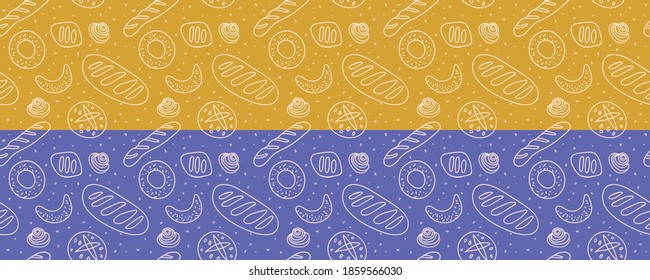 Bakery shop background with vector bread icons. Cooking courses design. Purple colored seamless pattern for pastry label design, bread packaging, culinary blog, branding cafe. Flat ochre backdrop.