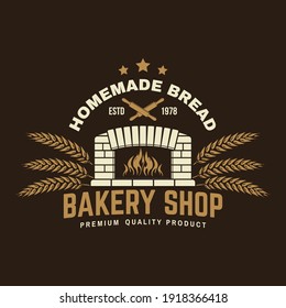 Bakery shop badge, logo. Vector. Typography design with old oven, ears of wheat silhouette. Template for restaurant identity objects, packaging and menu