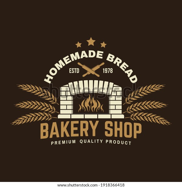Bakery shop badge, logo. Vector.\
Typography design with old oven, ears of wheat silhouette. Template\
for restaurant identity objects, packaging and\
menu