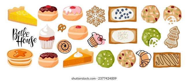 Bakery shop, bake house production. Bake House lettering and different baking types. Tasty breakfast. Various tasty bakery products isolated on white background for tea party, menu, shop, advertizing.