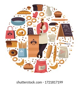 Bakery shop with baked bread and buns. Character by counter owner or seller by counter. Traditional recipes for pastry and dishes made of flour, organic store and fresh products. Vector in flat style