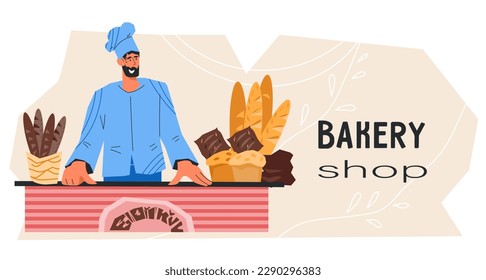 Bakery shop or bakehouse flyer or banner template with baker selling various bread and pastry items, flat cartoon vector illustration.