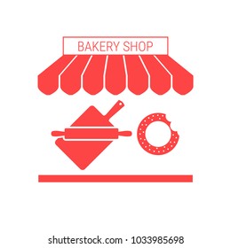 Bakery Shop, Bakehouse Single Flat Icon. Striped Awning and Signboard. A Series of Shop Icons. Vector Illustration.