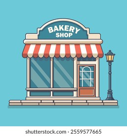 Bakery shop. Baking shop building icon. Bread Shop flat style. Showcases stores on the street. Vector illustration