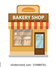 Bakery shop. Baking shop building icon. Bread Shop flat style. Showcases stores on the street. Vector illustration