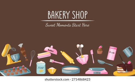Anuncio de panadería con herramientas para hornear, ingredientes y postres. Diseño de dibujos animados para panadería, clase de panadería, Sitio web de pastelería, menú y publicidad de alimentos.