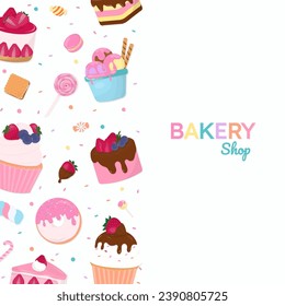 Bakery shop banner. Cakes, candy, dessert, and multicolor sugar sprinkles on a white background with copy space. Paper art style.