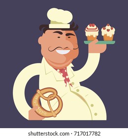 Bakery shop banner with Cartoon character chef in hat with pastries Vector illustration eps 10