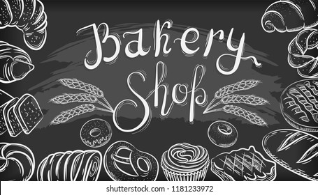 Bakery Shop. Banner With Pastry In Black And White
