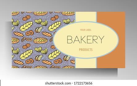 Bakery shop banner template design. Hand drawn color doodle pattern. Vector 10 EPS.