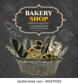 Bakery shop. Bakery basket. Blackboard. Vector illustration 