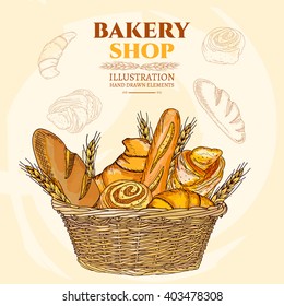 Bakery shop. Bakery basket. Vector illustration 