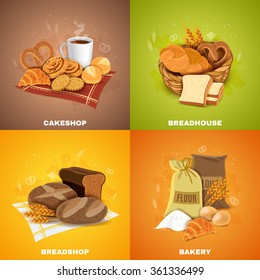 Bakery shop for best quality bread and pastry 4 flat icons square composition banner abstract vector illustration