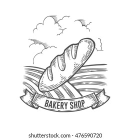 Bakery shop bread badge. Monochrome vintage engraved bun, gluten organic sign isolated on white background. Sketch hand drawn retro illustration. Ribbon with text