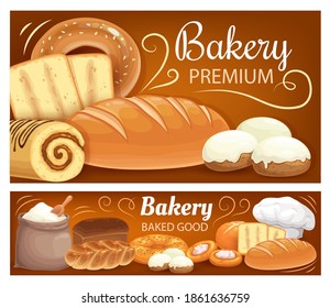 Bakery shop bread, baked cakes and desserts pastry, vector banners. Premium bakery shop bread and flour in bag, wheat and rye loaf, braided bun, croissant and chocolate roll, bagels and baguettes