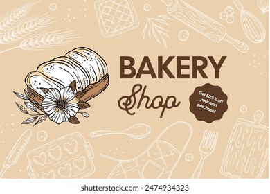 Bakery shop bread with a flower poster card banner. Vector baking promotion