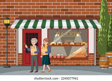 Bakery shop building with customer illustration