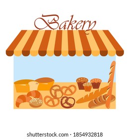 Bakery shop building. Different types of baked goods. Modern architecture. Vector flat design. Grocery store front. Business illustration.