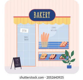 Bakery shop building facade, awning with signboard. Baking store, bread, pastry and dessert shop. Showcases with tent, various bread and cakes products. small family business in field of food