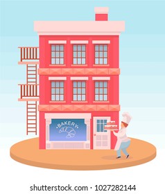 Bakery shop building facade. Baker and bakery. Exterior building. Vector cartoon illustration 