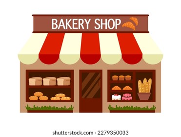 Bakery shop building facade in flat design on white background.