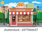 Bakery shop building facade with signboard. Baking store, cafe, bread, pastry and dessert shop. Showcases with bread, cake. City park, street lamp, trees. Market, supermarket. Flat vector illustration