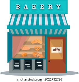 Bakery shop building facade with signboard. Bakery facade flat icon. Cityscape, buildings, clouds. vector illustration in flat style
