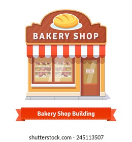 Bakery shop building facade with signboard. Flat style illustration or icon. EPS 10 vector.