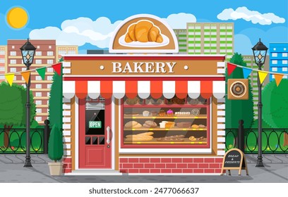 Bakery shop building facade with signboard. Baking store, cafe, bread, pastry and dessert shop. Showcases with bread, cake. City park, street lamp, trees. Market, supermarket. Flat vector illustration