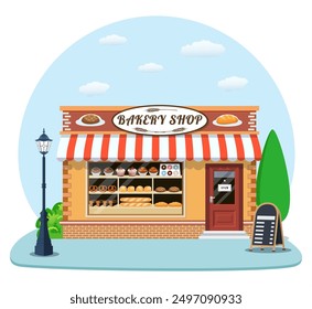 Bakery shop building facade with signboard. Bakery facade flat icon. Cityscape, buildings, clouds. vector illustration in flat style