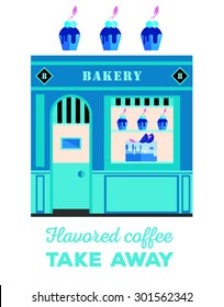 Bakery shop building facade with signboard, cake and pie exposed in windows. Flat style illustration or icon. Pastry shop icon cafe, restaurant.