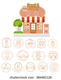 Bakery shop building facade with signboard and bakery logotypes set, logos, badges, labels, icons and objects.vector