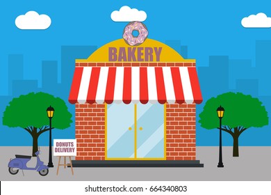 Bakery shop building facade with signboard with donut, delivery scooter, street lamps, trees. Illustration at city landscape background. Vector in flat style.