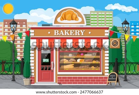 Bakery shop building facade with signboard. Baking store, cafe, bread, pastry and dessert shop. Showcases with bread, cake. City park, street lamp, trees. Market, supermarket. Flat vector illustration