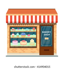 Bakery shop building facade. Sweet shop isolated on white. Confectionery in vector.