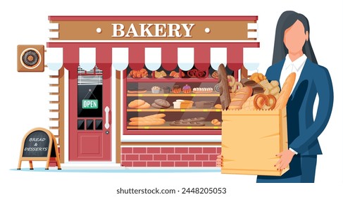 Bakery shop building facade with woman customer. Baking store, cafe, bread, pastry and dessert shop. Showcases with various bread and cakes products. Market or supermarket. Flat vector illustration