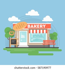 Bakery shop building with landscape. Storefront with bakery sig, bench and chalkboard.