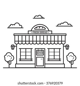 Bakery Shop Building Made In Line Art Style. Fresh Bread Produce Vector Illustration.