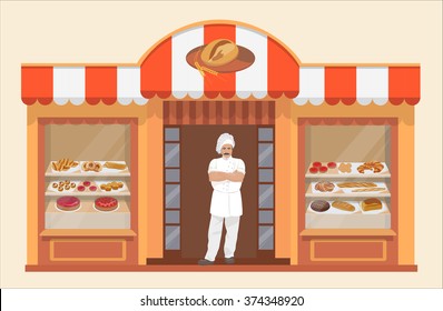 Bakery shop building with bakery products and man Baker. 