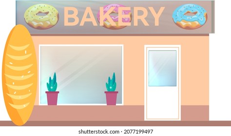 The façade of a bakery shop building with a sign. Baking store, cafe, bread, pastries, dessert shop. Showcase of various bread and cake products. Market or supermarket. Flat vector diagram