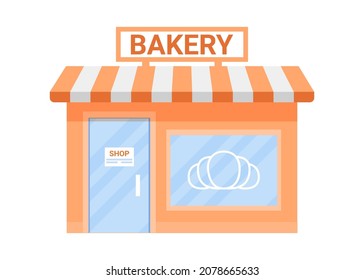 Bakery shop building, store bun and cafe. Cafe for production of bakery products. Freshly baked bread, loaf, pastries. Vector illustration