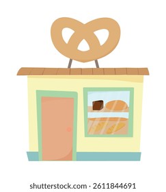 Bakery shop building, store bun and cafe. Cafe for production of bakery products. Freshly baked bread