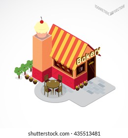 Bakery shop building with table and chair. Flat and isometric style illustration.
